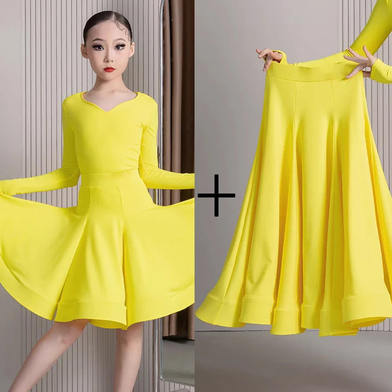 Girls' Navy Blue Long Sleeve V-Neck Ballroom Latin Dance Dress with Finger Loops