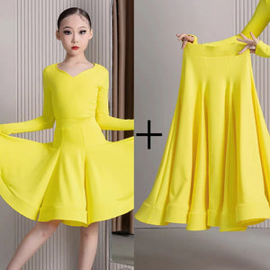 Girls' Navy Blue Long Sleeve V-Neck Ballroom Latin Dance Dress with Finger Loops