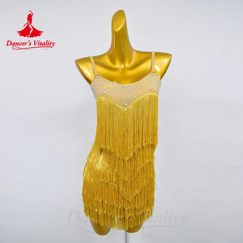 Women's Hot Pink Fringe Sequin Spaghetti Strap Latin Dance Dress