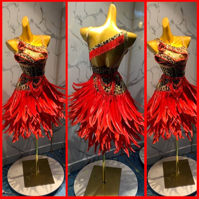 Women's Red & Gold Sequin Feather Latin Rhythm Dance Dress with One Shoulder Strap