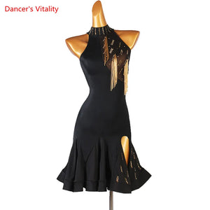 Women's Green Halter Sequin Fringe Latin Dance Dress