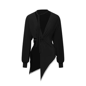 Latin Dance Dress Women's Black Long Sleeve Asymmetrical Top with Tie-Front, Ruched Fringe Sequin Skirt Set