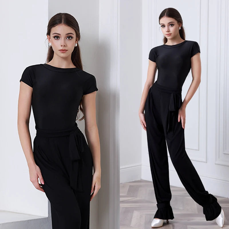 Women's Black Short Sleeve Boat Neck Dance Top and Wide Leg Ruffle Hem Pants Set for Latin Ballroom