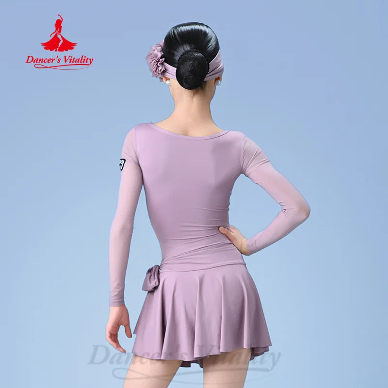 Girls' Lavender Long Sleeve V-Neck Ruched Leotard with Skirt and Headband, Mesh Sleeves, Latin Dance Dress