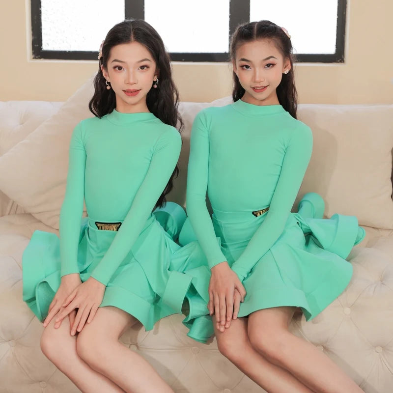 Girls' Neon Green Long Sleeve Mock Neck Pleated Skirt Latin Dance Dress