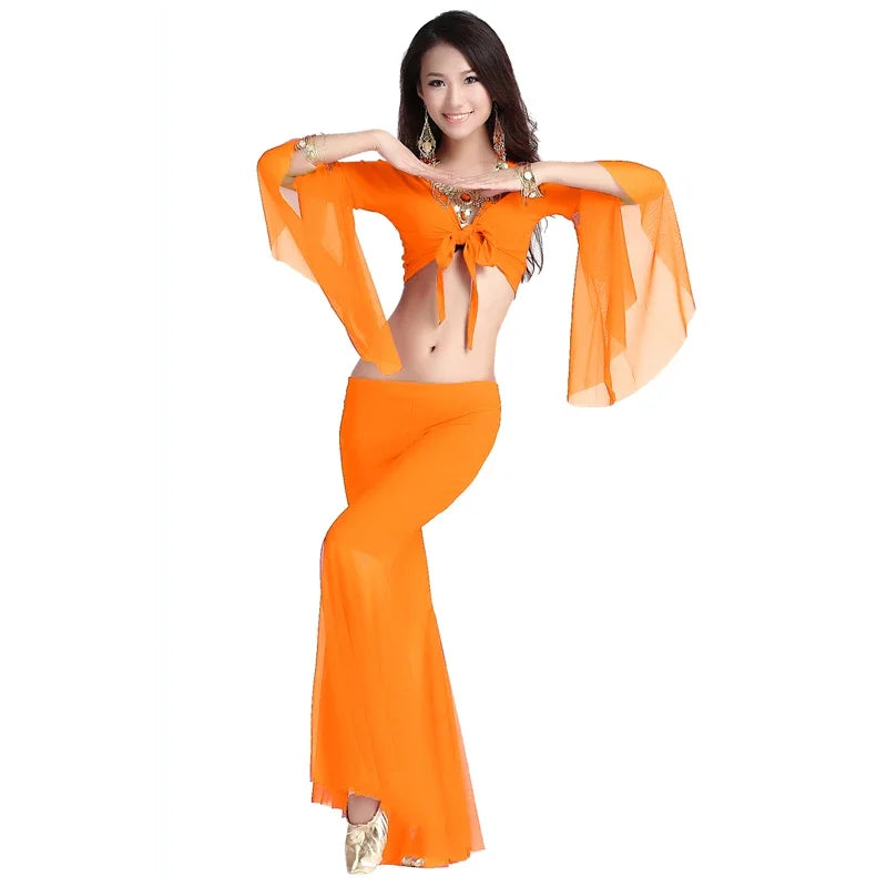 Belly Dance Costume Women's Purple Chiffon Long Sleeve Crop Top and Flare Pants Set