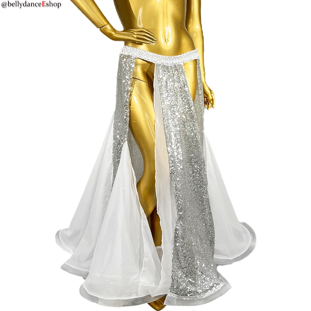 Belly Dance Women's Red Sequin Slit Skirt Chiffon Long Skirt with Elastic Waistband