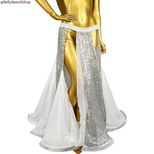 Belly Dance Women's Red Sequin Slit Skirt Chiffon Long Skirt with Elastic Waistband