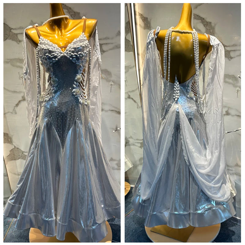 Women's Silver Ballroom Dance Dress with Beaded Bodice, Pearl Accents, and Flowing Chiffon Sleeves