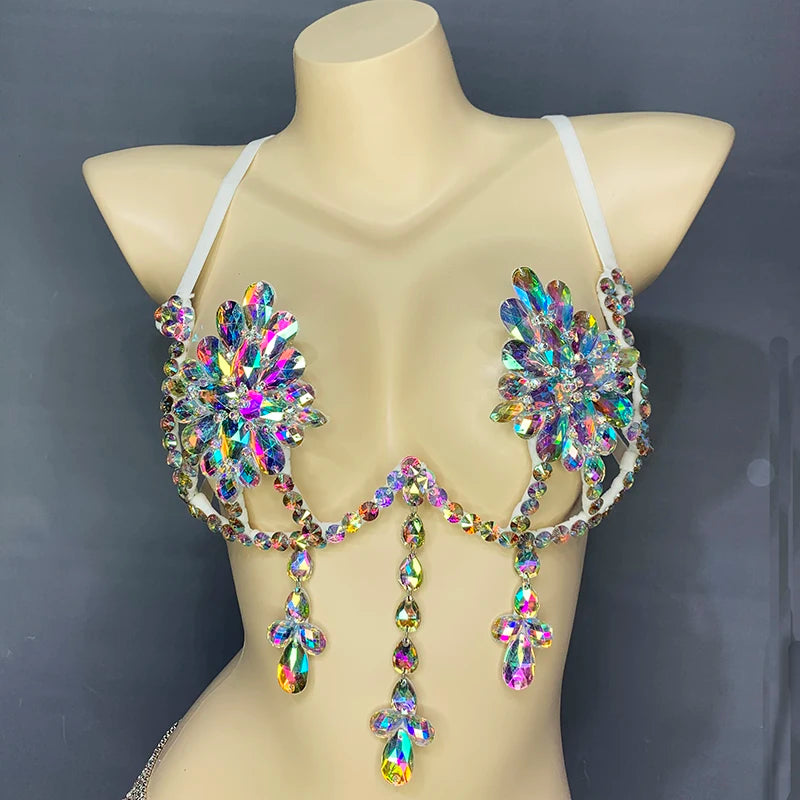 Dance Bra, Women's White Iridescent Crystal Rhinestone Embellished Halter Top, Belly Dance