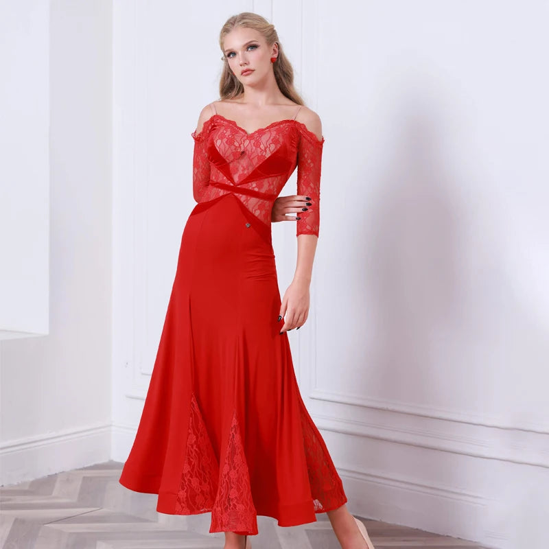 Women's Red Lace Off-Shoulder Ballroom Dance Dress with Three-Quarter Sleeves, Long Skirt