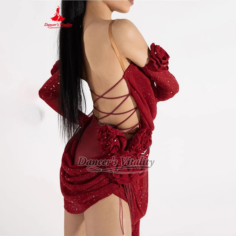 Latin Dance Dress Women's Red Sparkle Backless Draped Fringe Rumba Samba Cha Cha Performance Costume