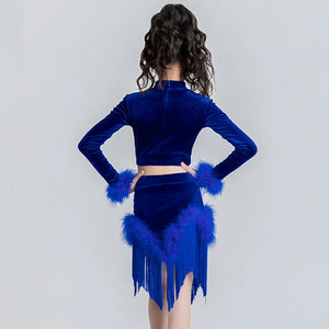 Girls Royal Blue Velvet Fringed Latin Dance Dress with Feather Cuffs and Hem, Mock Neck Crop Top and Skirt Set