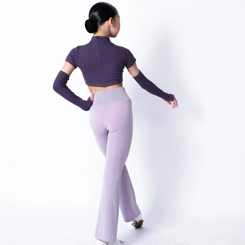 Girls' Lavender Ribbed Crop Top & Flared Pants Set with Arm Warmers, Ballroom Dance