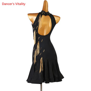 Women's Green Halter Sequin Fringe Latin Dance Dress