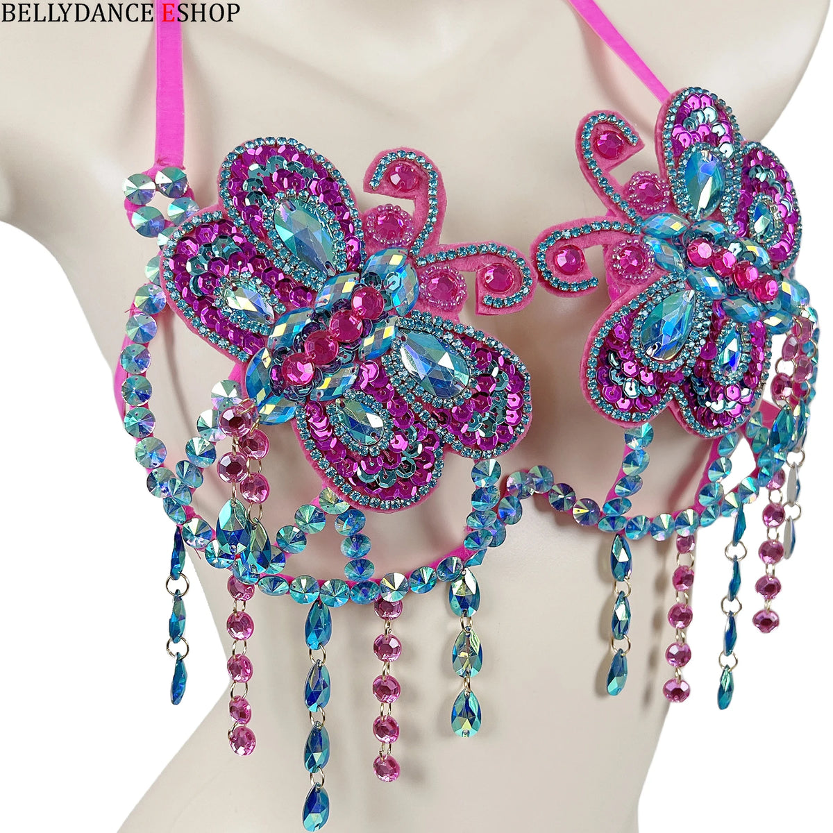 Belly Dance Top Womens Pink and Blue Beaded Halter Bra with Rhinestones and Dangles for Performance and Practice