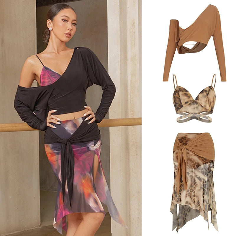 Dance Top and Skirt Set Women's Black and Multi-color Abstract Print Mesh Asymmetrical Hem Latin Dancewear
