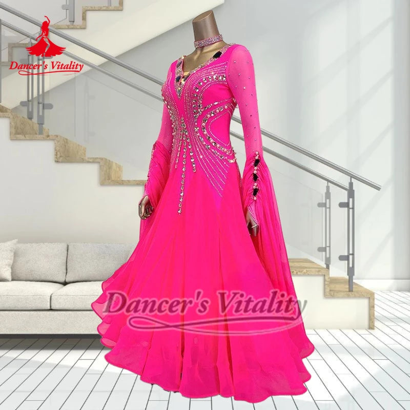 Ballroom Dance Dress Women's Hot Pink Rhinestone Mesh Long Sleeve V-Neck Chiffon Standard Smooth Competition Gown