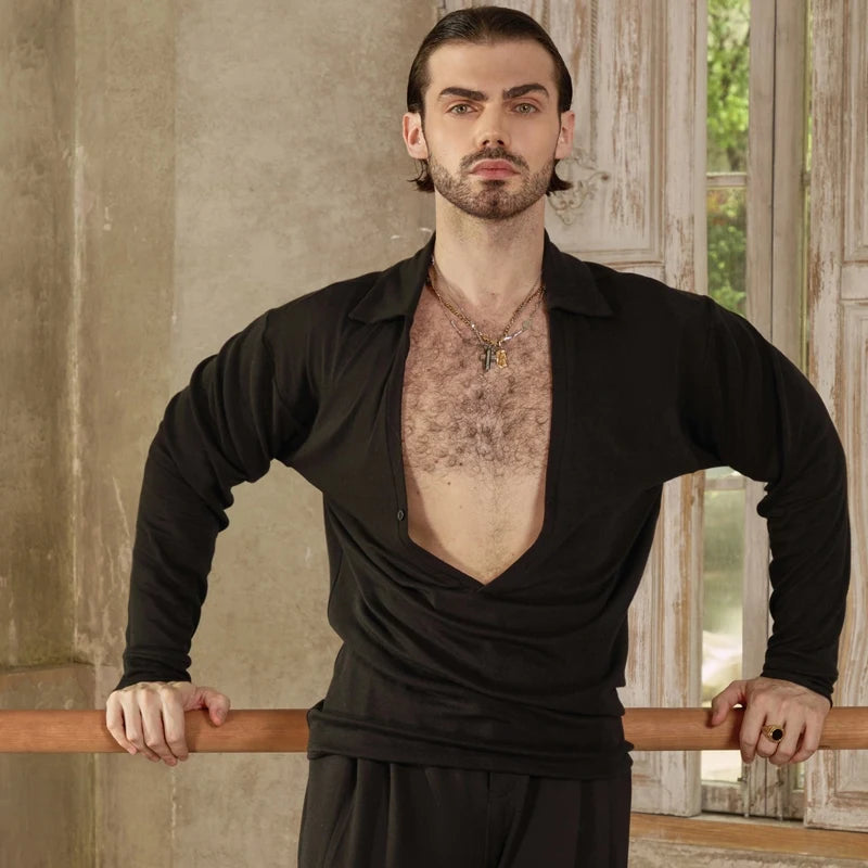 Men's Long Sleeve Deep V-Neck Dance Shirt, Black/Pink/Cream/Brown, Polyester/Spandex Blend, Latin/Ballroom Dance