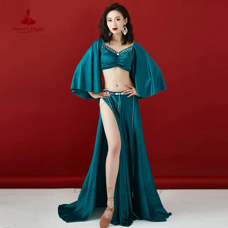 Belly Dance Costume Women's Magenta Satin Long Sleeve Top and High Slit Skirt Set with Rhinestone Trim