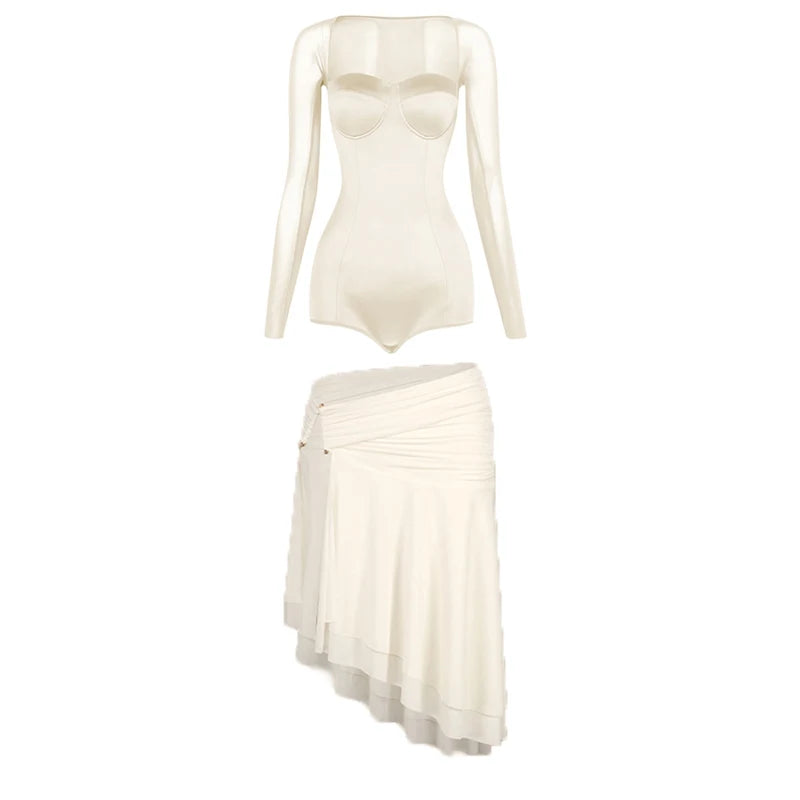 Women's White Long Sleeve Mesh Bodysuit & Asymmetrical Skirt Latin Dance Dress
