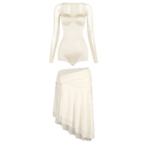 Women's White Long Sleeve Mesh Bodysuit & Asymmetrical Skirt Latin Dance Dress