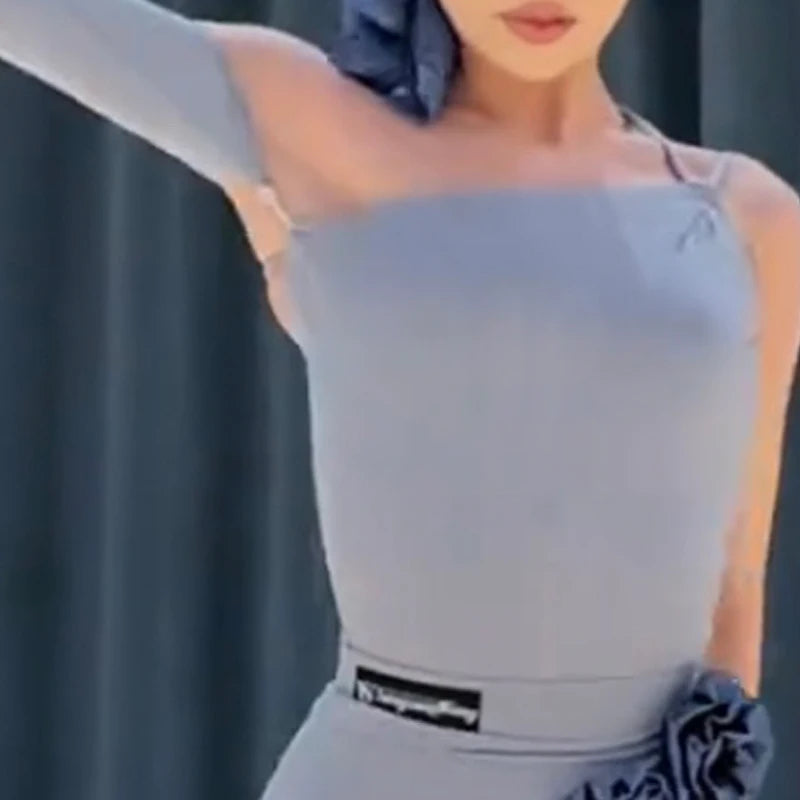 Women's Blue Ruffled Asymmetrical Hem Latin Dance Dress with Headband, Arm Sleeve & Floral Detail