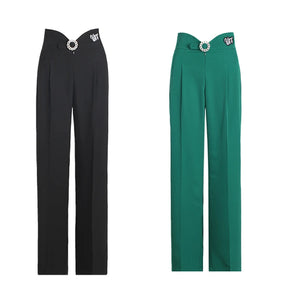 Women's Black & Green High Waist Pleated Wide Leg Ballroom Dance Pants