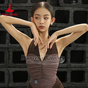 Women's Brown Shimmer Halterneck Ruched Latin Dance Dress with Tulle Ruffle Skirt