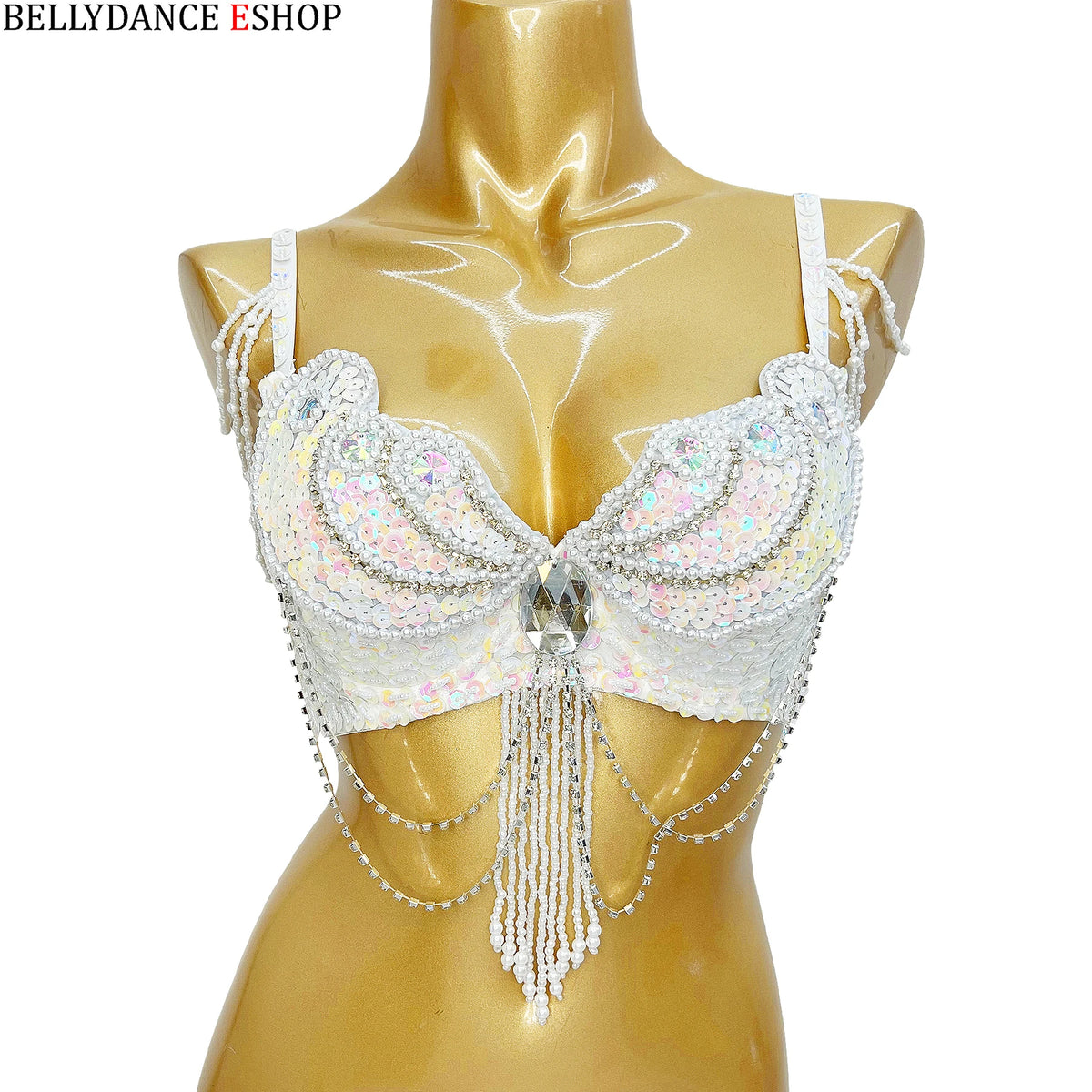 Women's Red Sequin & Pearl Beaded Belly Dance Bra Top with Shoulder & Waist Chains