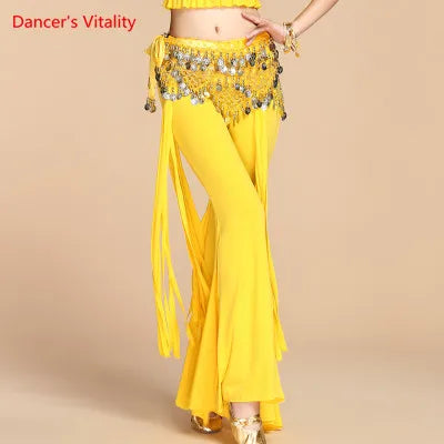 Belly Dance Pants Women's Yellow Sequin Hip Scarf Bell Bottom Slit Leg Pants for Oriental Dance Performance