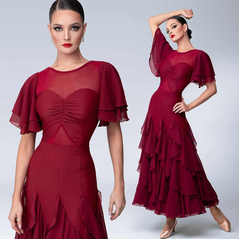 Women's Burgundy Chiffon Mesh Ruffled Ballroom Latin Dance Dress