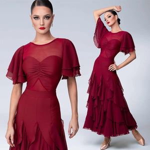 Women's Burgundy Chiffon Mesh Ruffled Ballroom Latin Dance Dress