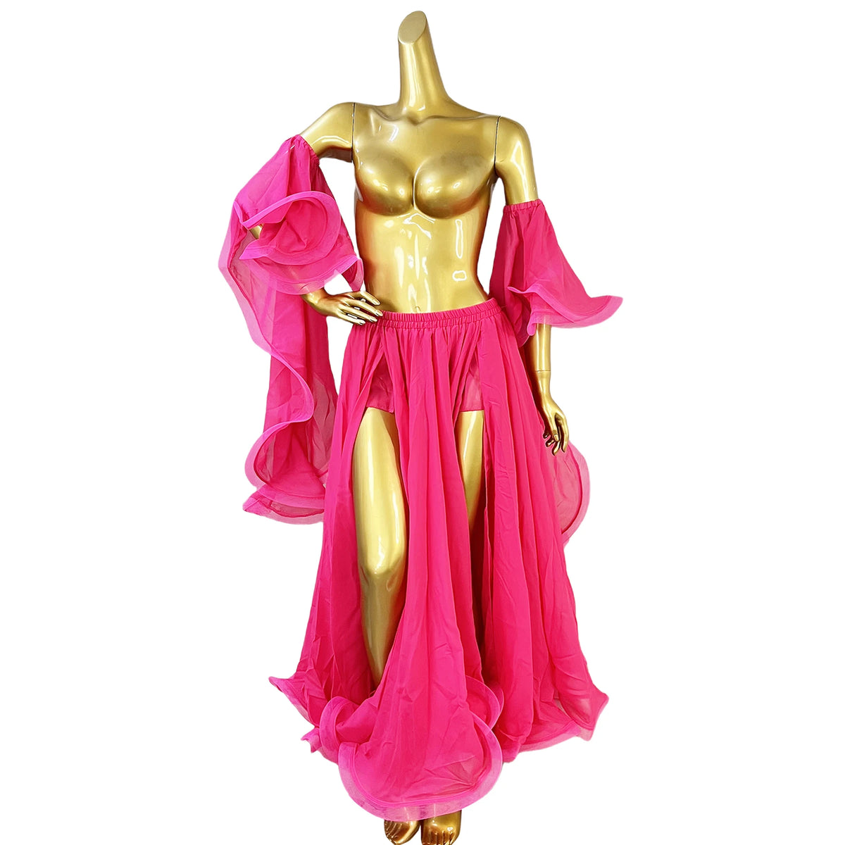 Belly Dance Costume, Women's Red Chiffon Long Sleeve Top and Slit Skirt Set, Performance Wear