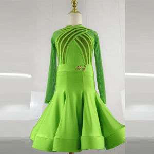 Women's Pink Satin Ballroom Dance Dress with Mesh Sleeves and Ruched Bodice