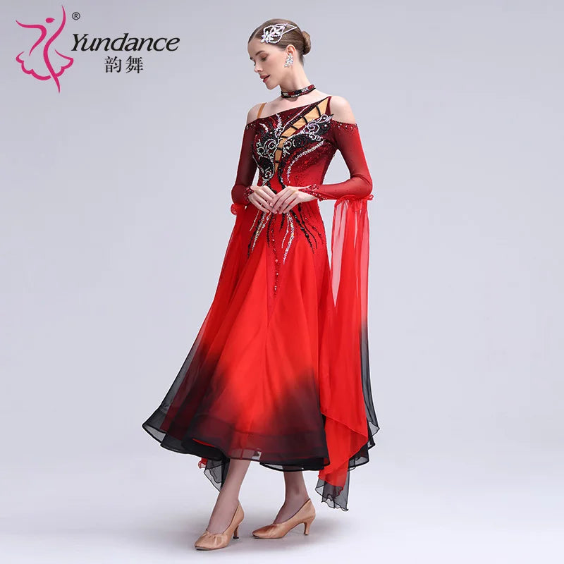 Women's Ballroom Standard Dance Dress Ombre Chiffon Red Black For Performance