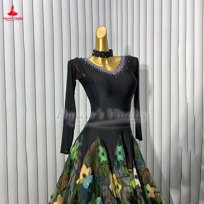 Women's Black Multi-Color Floral Ballroom Dance Dress with Long Sleeves and V-Neck Rhinestone Detail
