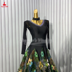 Women's Black Multi-Color Floral Ballroom Dance Dress with Long Sleeves and V-Neck Rhinestone Detail