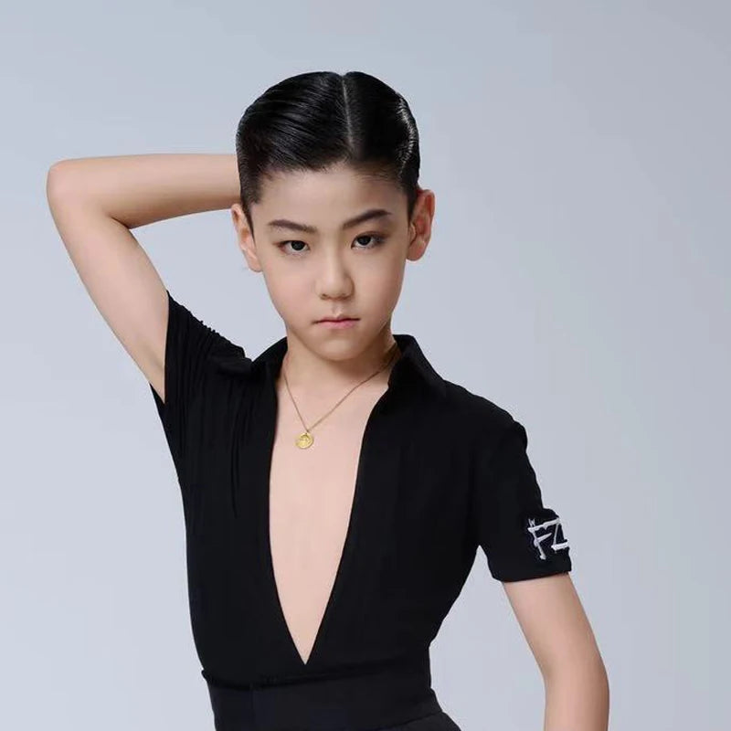 Boys' Black and White V-Neck Short Sleeve Ballroom Dance Shirts and Trousers Set