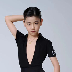 Boys' Black and White V-Neck Short Sleeve Ballroom Dance Shirts and Trousers Set