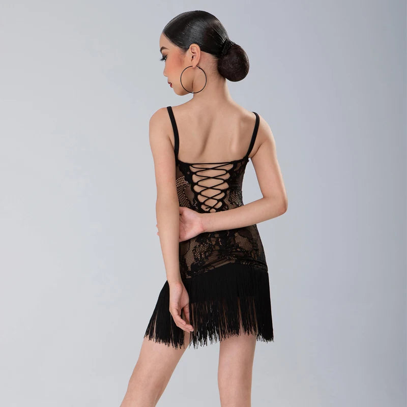 Girls Black Lace Fringe Latin Dance Dress