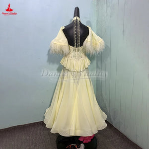 Women's Standard Ballroom Dance Dress With Full Swing Skirt Light Yellow For Competition