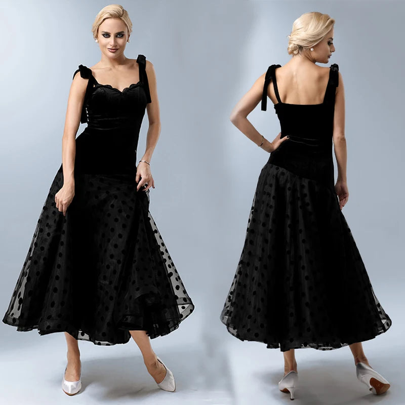 Women's Black Velvet Polka Dot Mesh Ballroom Dance Dress with Tie Straps
