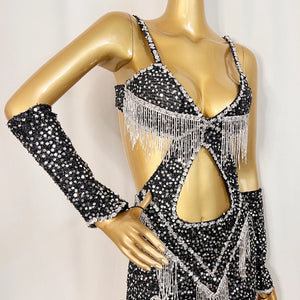 Women's Black Sequin Fringe Cutout Mini Dress Belly Dance Costume