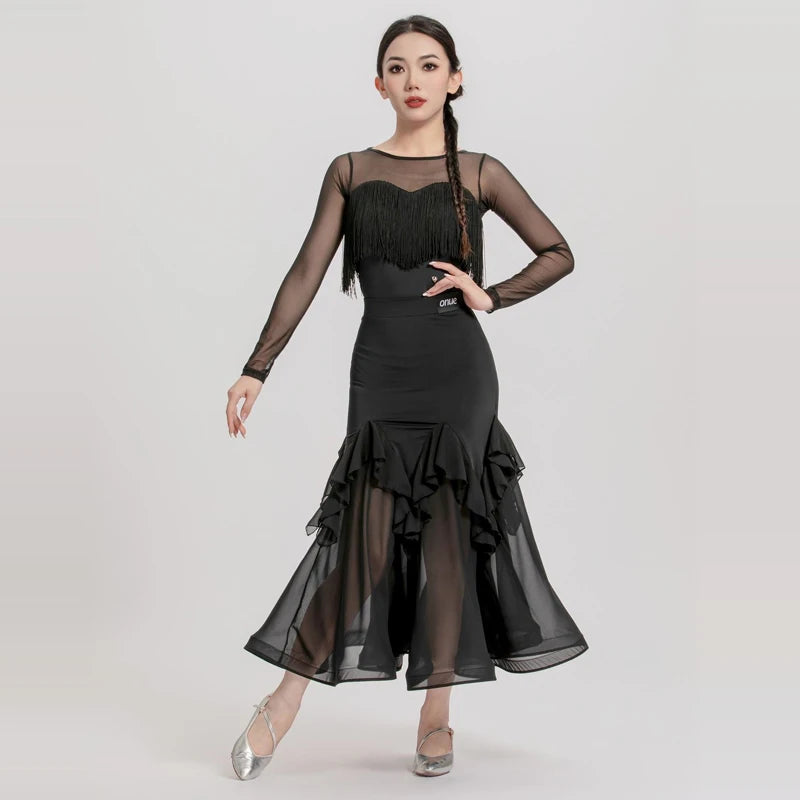 Women Black Mesh Fringe Ruffle Latin Dance Dress