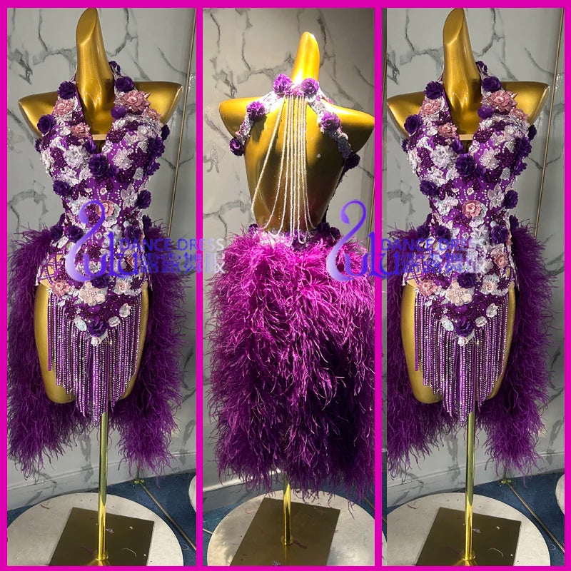 Women's Purple Ostrich Feather Rhinestone Floral Fringe Latin Dance Dress