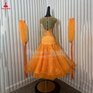 Women's Ballroom Standard Dance Dress Long-Sleeve Full Skirt Organza Orange For Competition Performance