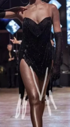 Women's Black Strapless Fringe Sequin Sheer Bodice Latin Dance Dress with Gloves