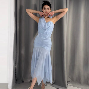 Women's White Halter Neck Ruffled Mesh Hem Latin Dance Dress