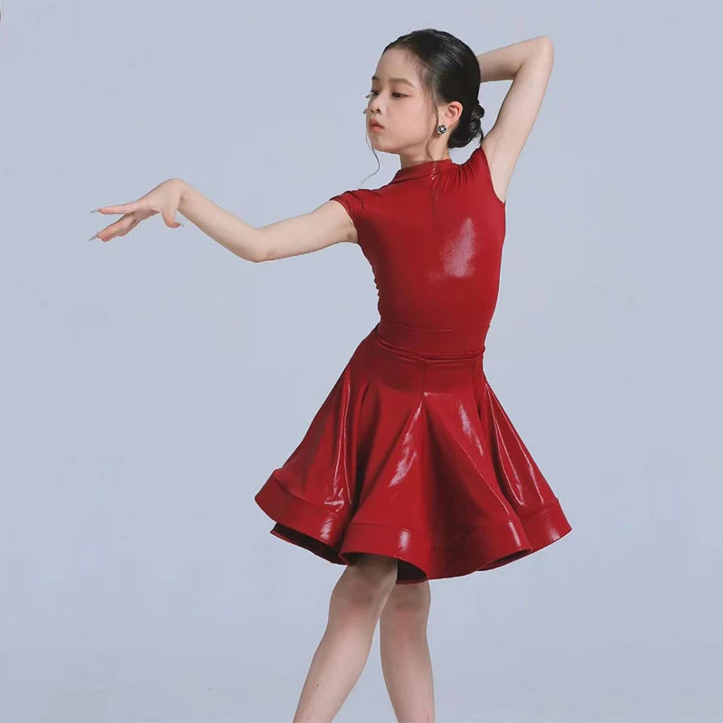 Kids Girls Latin Dance Dress, Short Sleeve Shiny Pleated Skirt Ballroom Salsa Rumba Dancewear
